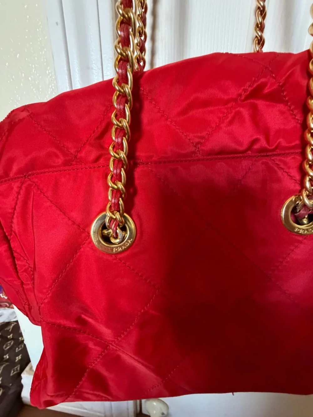 Prada Red Quilted Nylon Shoulder Bag with Gold Chain - Picture 8 of 13